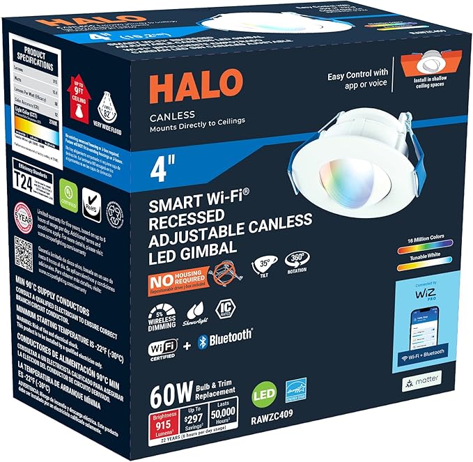 HALO 4” Smart Wi-Fi Canless LED Light Powered by WiZ Pro, Dimmable Full Color w/Adjustable Gimbal, SpaceSense, Smart Home-Ready - RAWZC409