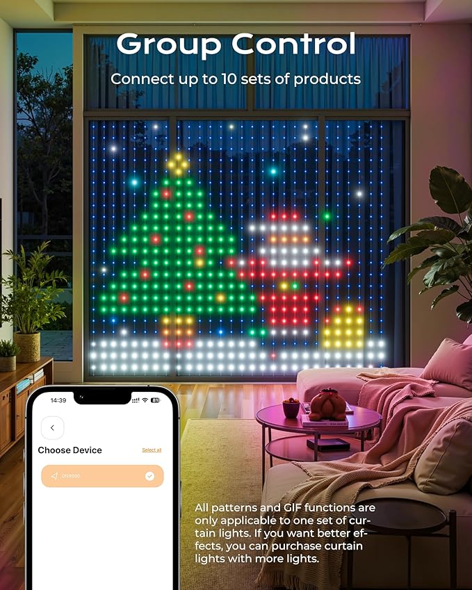 900 RGBIC LEDs Smart Curtain Lights with DIY GIF, 6.6x6.6ft Color Changing Christmas Wall Lights with APP, IP65 Waterproof String Fairy Lights for Indoor Outdoor Bedroom Window Garage