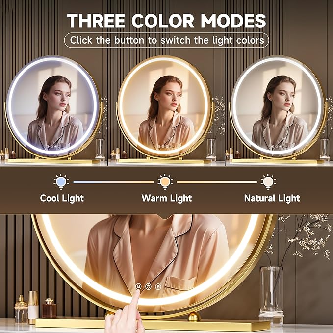 Hasipu Vanity Mirror with Lights, 23.6" LED Makeup Mirror, Lighted Makeup Mirror with Lights, Smart Touch Control 3 Colors Dimmable Round Mirror 360°Rotation Gold