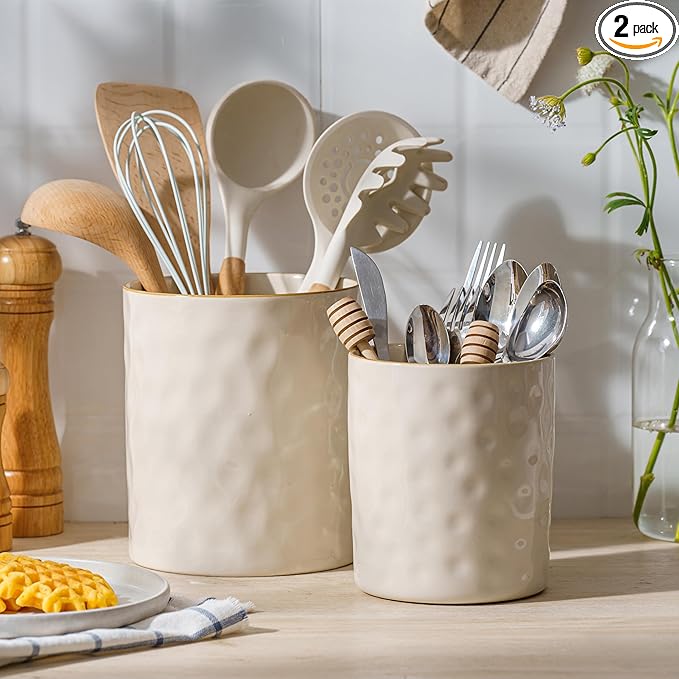 famiware Ocean Utensil Holder, 7.2"+5.8" Ceramic Kitchen Utensil Holder for Countertop, Cooking Utensil Crocks, Utensil Organizer for Spatula & Spoon, Kitchen Decor, Set of 2, Vanilla White