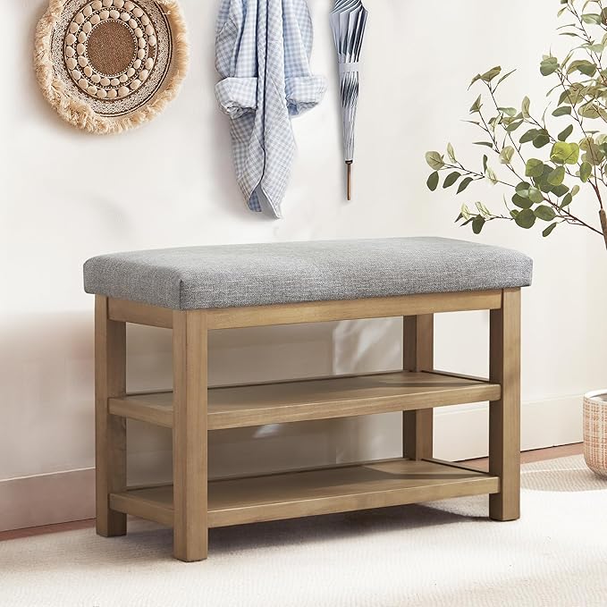 Shoe Rack Bench with Cushion, 2 Tier Solid Wood Storage Bench, Mid-Century Modern Shoe Bench for Entryway, Hallway, Closet, Front Door Entrance, Foyer (Grey, 31.5")