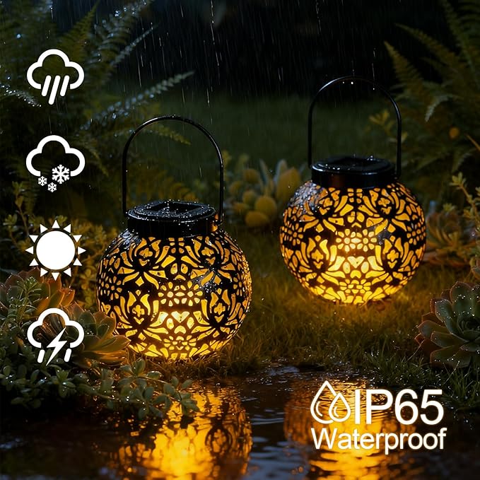 Homemory 2 Pack Solar Lanterns Outdoor Waterproof Hanging Lantern Decorative Outside Lights for Pathway, Patio, Backyard, Porch, Lawn (Black)
