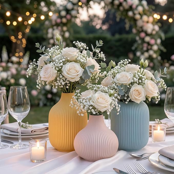 Set of 3 Small Matte Vibrant Ceramic Vases in Light Blue, Mustard Yellow and Beige - Modern Minimalist Ribbed Decor for Centerpiece, Farmhouse Living Room, Kitchen Shelf, Gift Idea