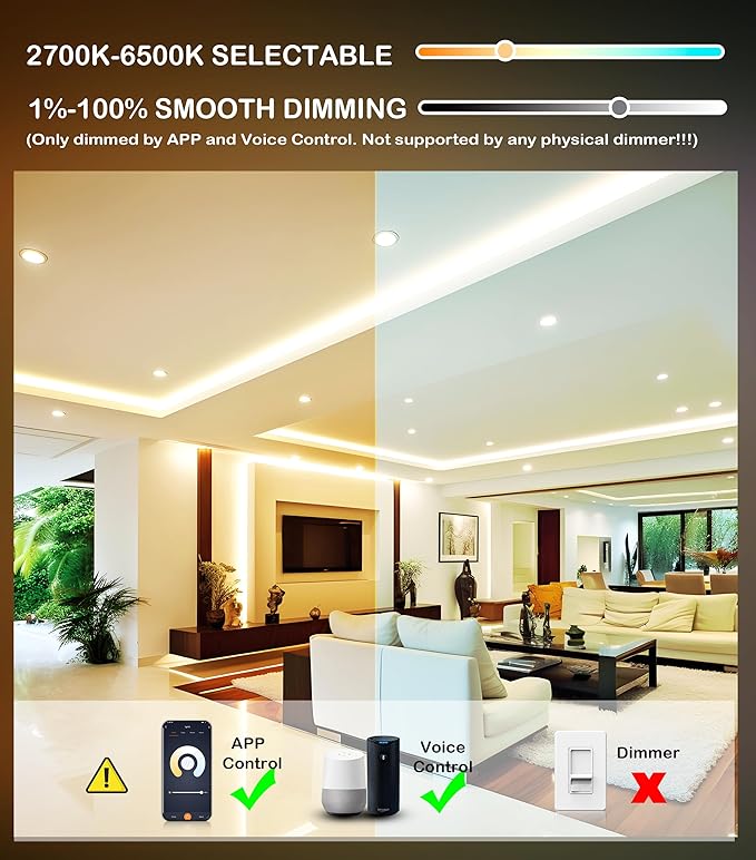 CLOUDY BAY [12 Pack] 6inch Smart WiFi LED Recessed Lighting,RGBCW Color Changing, Compatible with Alexa and Google Home Assistant, No Hub Required,15W 950LM, 2700K-6500K,CRI90+ Wet Location