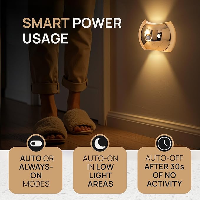 Battery Operated Wall Sconces Set of Two, Rechargeable Wireless LED Wall Lights — Motion Sensor, No Drill Magnetic Mount, 3 Modes, for Bedroom Hallway Stairs, Gold