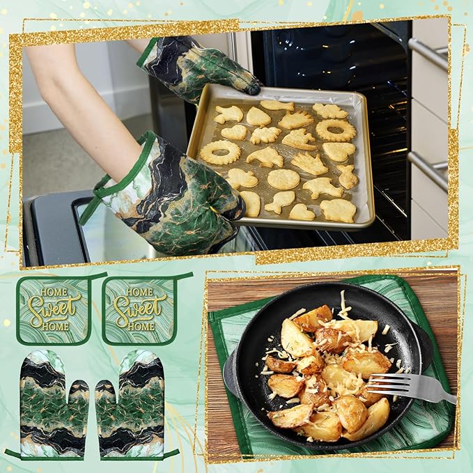 Bencailor 6 Pcs Marble Kitchen Decor Gold Pot Holders Oven Mitts 2 Dish Towels 2 Farmhouse Cooking Mittens Oven Glove and Potholder for Baking Cooking Grilling Supply Accessories(Green)