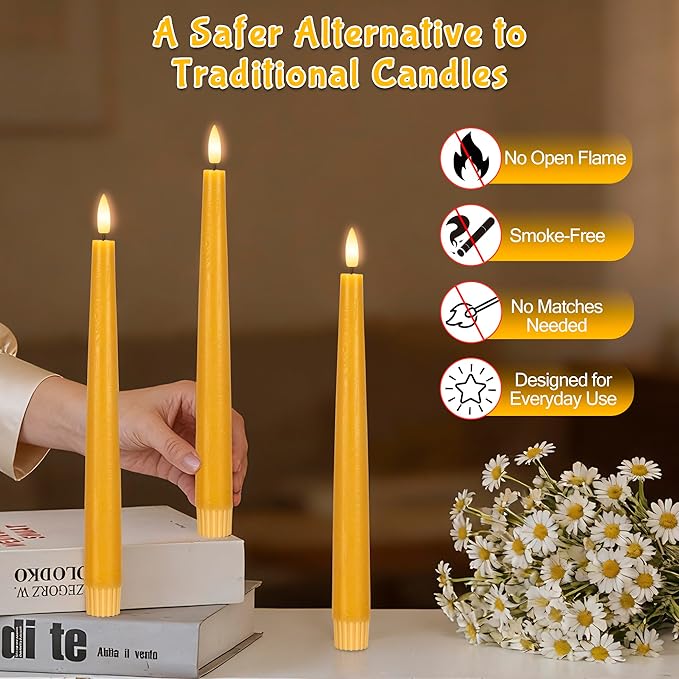 Yellow Flameless Taper Candles with Remote, 9.6 Inches Real Wax Battery Operated Candles, 3 Pack Flickering LED Candlesticks, Tall Taper Fake Candles for Home, Wedding, Party