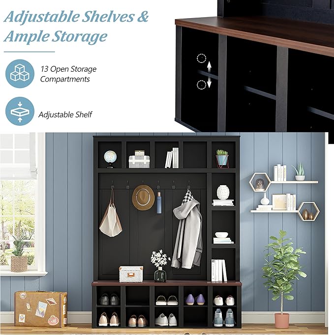 Farmhouse Style Hall Tree with 6 Hooks, Practical Walnut Storage Bench with Adjustable Shelves, Wooden 4-in-1 Entryway Shoe Cabinet with 13 Cubbies for Mudroom, Living Room (Black + Dark Walnut-8)