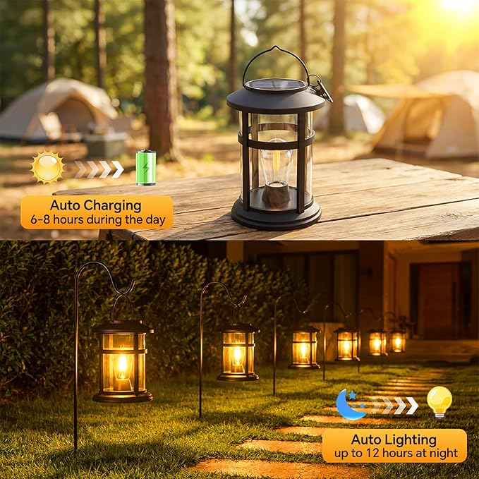 Solar Lanterns Outdoor Waterproof 2 Pack Hanging Solar Lights for Outside, 800mAh Bright LED Upgraded Solar Powered Lanterns Lighting for Yard Garden Porch Pathway Lawns Decor Unique Gifts