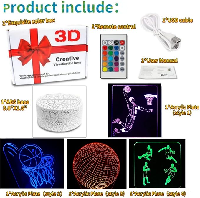 4 Patterns Basketball Night Light,3D Hologram Illusion Basketball Lamp,Dimmable Remote Control/Smart Touch,16 Colors Changing Light,Room Decor Bedside Desk Lamp,Basketball Gift for Boys (style 8)