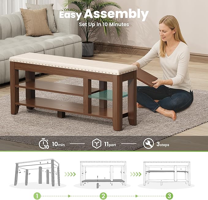 Shoe Bench for Entryway, Solid Rubberwood Shoe Bench with Hidden Storage, Adjustable 2-Tier Shelves & Soft PU Leather Seat, Shoe Rack Durable Easy Assembly for Hallway or Bedroom - Beige, 47.2"