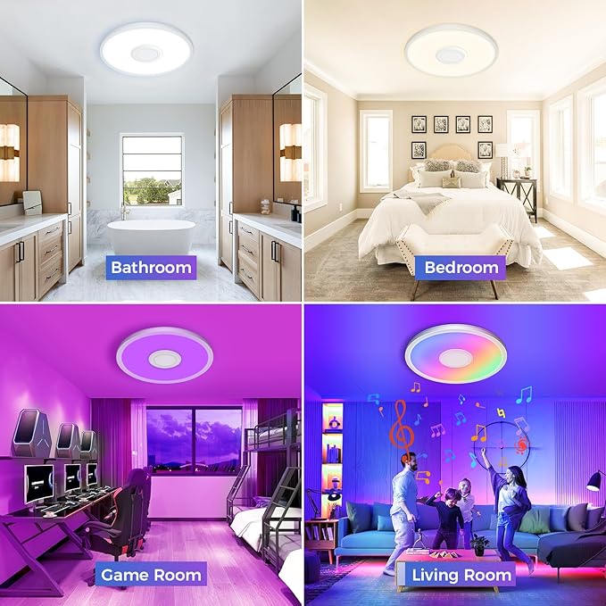 Zemty RGB Ceiling Light with Bluetooth Speaker, 24W 12Inch Smart Music Lights 3000K-6500K Dimmable with APP and Remote Control, Color Changing Led light Fixture Flush Mount for Bathroom Shower Bedroom