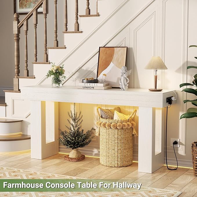 Unikito 63'' Farmhouse Console Table with Power Outlets and Sensor Light, Wooden Entryway Table with Storage, Rectangular Sofa Tables Behind The Couch for Entrance, Hallway, Living Room, Antique White