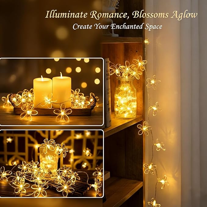 Fielegen 20 LED Cherry Blossom Flower String Lights for Bedroom, 9.84FT Battery Operated Fairy Lights Indoor Decorative Lights for Valentine's Day Home Garden Wedding Party Festival Decor