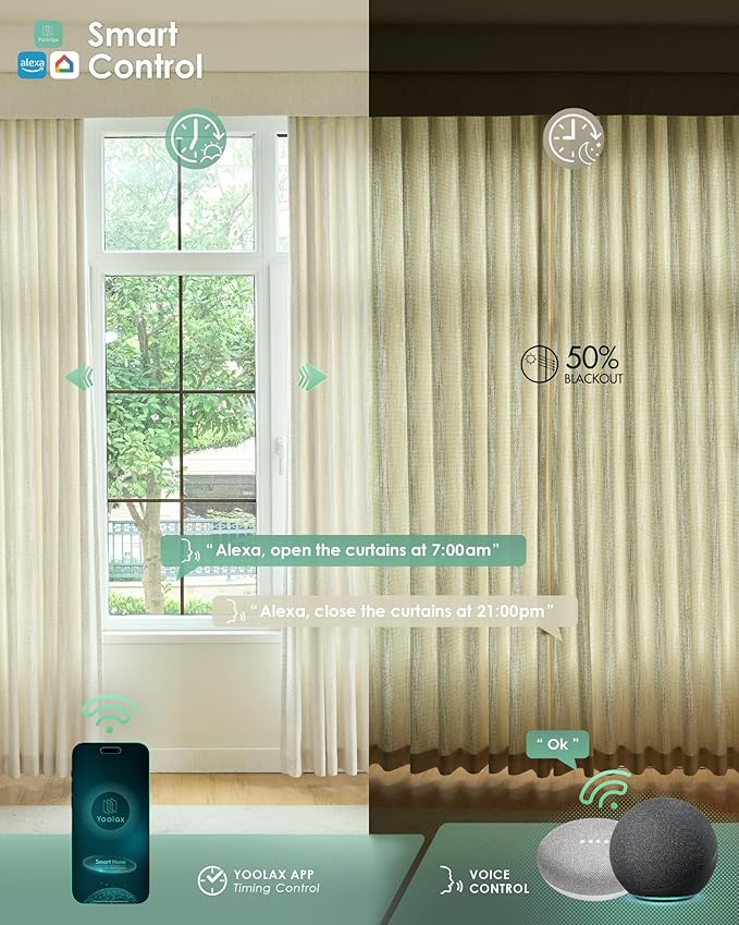 Yoolax Smart Retractable Curtain Compatible with Alexa and Google Home, Motorized Curtain Hardwired with Remote Customized Size (Linen Beige)