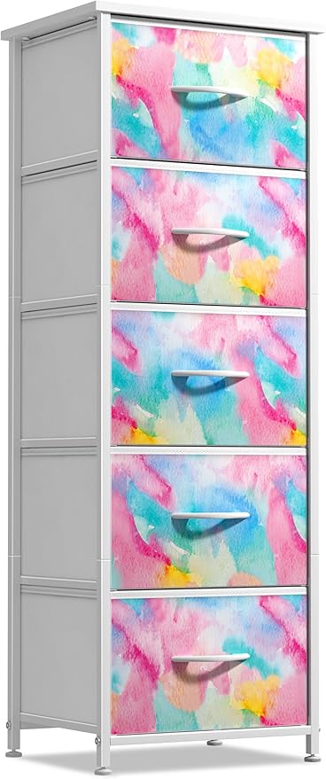 Sorbus Kids Dresser with 5 Drawers - Storage Chest Organizer Nightstand - Steel Frame, Wood Top, Tie-Dye Fabric Bins for Clothes - Wide Furniture for Bedroom, Hallway, Nursery, Closet, & Apartment