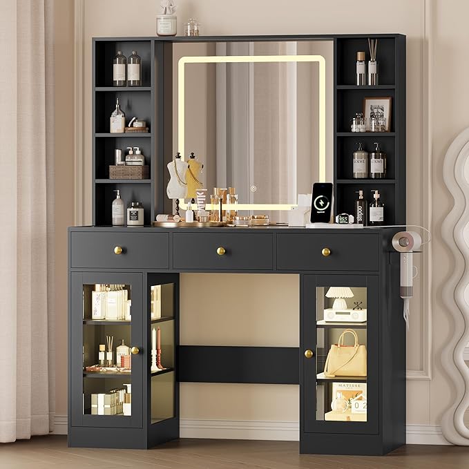 Makeup Vanity Desk with Mirror and Lights, 43" Black Vanity with Glass Top, Jewelry Storage, 3 Drawers & Glass Cabinets, Power Outlet & Adjustable LED Lights, Dressing Table for Women & Girls Bedroom