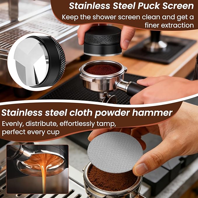 9 Pack Espresso Tamper Station&Coffee Distributor Tamper&Espresso WDT Stirrer&Coffee Tamping&Brush&Coffee Dosing Funnel&Espresso Puck Screen, Latte Art pen and Towel (58 mm)