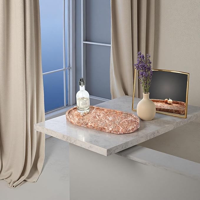 Marble Vanity Tray Organizer - 9.8"x5" Italy Natural Stone Decorative Tray，Jewelry, Perfume & Candle Display Tray，Bathroom Vanity, Dresser Top, Nightstand Decor