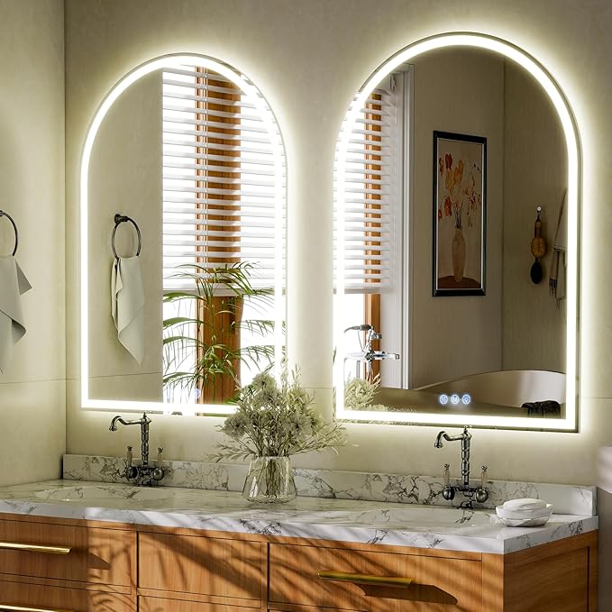 BEAUTYPEAK LED Arch Bathroom Mirrors with Lights, 36x24 Arch Mirror with Metal Frame, Anti-Fog,LED Mirror with Front Light and Backlit, Memory Function for Bathroom, Dressing Room