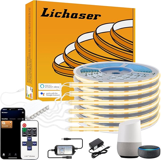 Lichaser 6 Rolls 6.56ft WiFi Flexible COB LED Lights for Wood Slat Wall Panels in Parallel, Acoustic Panel LED Strip Compatible with Alexa, 3000K Dimmable Strip for Acoustic Panels, Shelves Lighting