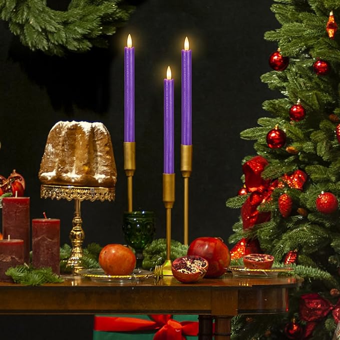 Purple Flameless Taper Candles with Remote, 3 Pack Flickering LED Candlesticks, Real Wax Battery Operated Christmas Window Candles for Winter Home Holiday Decoration