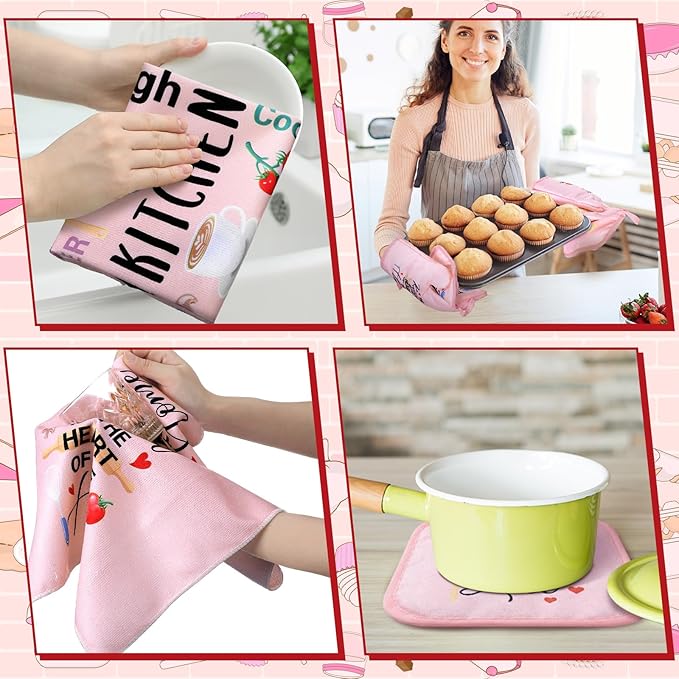 Fourluoo 10 Pcs Cuisine Pink Kitchen Decor and Accessories Set Pink Kitchen Towels Rugs Pot Holders Oven Mitts for Chef Cooking Baking Mom Housewarming Gifts