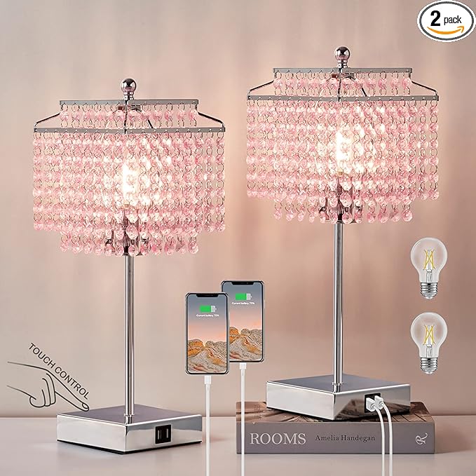 Luvkczc Set of 2 Bedside Pink Crystal Table Lamp, Touch Control Crystal Lamp, Dimmable Lamp for Bedroom, Girl Living Room, 6W B11 Bulb Included