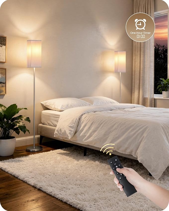 64.2''Dimmable Floor Lamp for Living Room with Remote and Foot Switch, Corner Floor Lamp for Bedroom, Includes 10W A19 Bulb, Modern Standing Tall Lamp, ETL Listed, Silver and White SCW17LD05