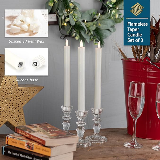 Flameless Taper Candles with Remote, Real Wax Battery Operated LED Candles Set with 3D Flickering Flame, 9.6" Realistic Dripless Candlesticks for Wedding Home Decor, 3 Pack White