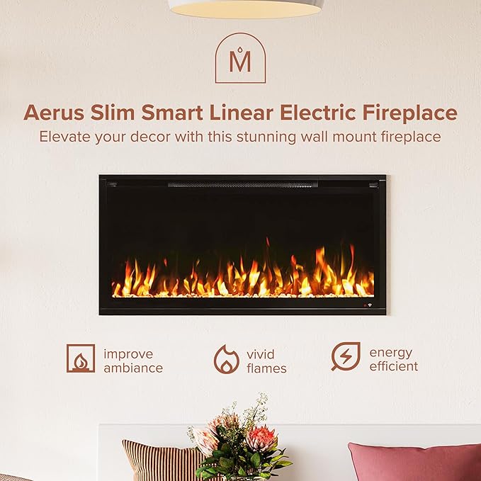Modern Ember Aerus Slim 36 Inch Smart Linear Electric Fireplace | Recessed in-Wall or Wall-Mount | LED Multiple Flame Colors | Alexa/WiFi Enabled | 4.25” Profile | Remote Included