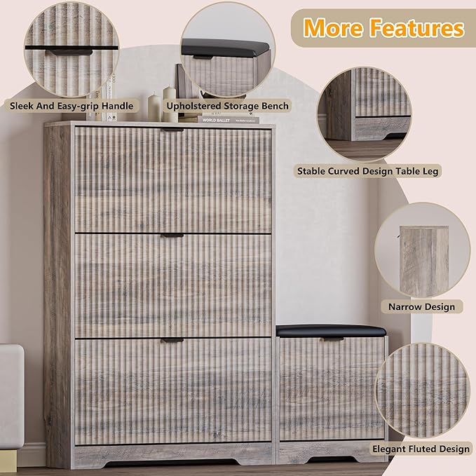 Slim Shoe Cabinet with Bench for Entryway, Hidden Storage and Adjustable Shelves, Free Standing Wooden Shoes Organizer for Hallway, Foyer