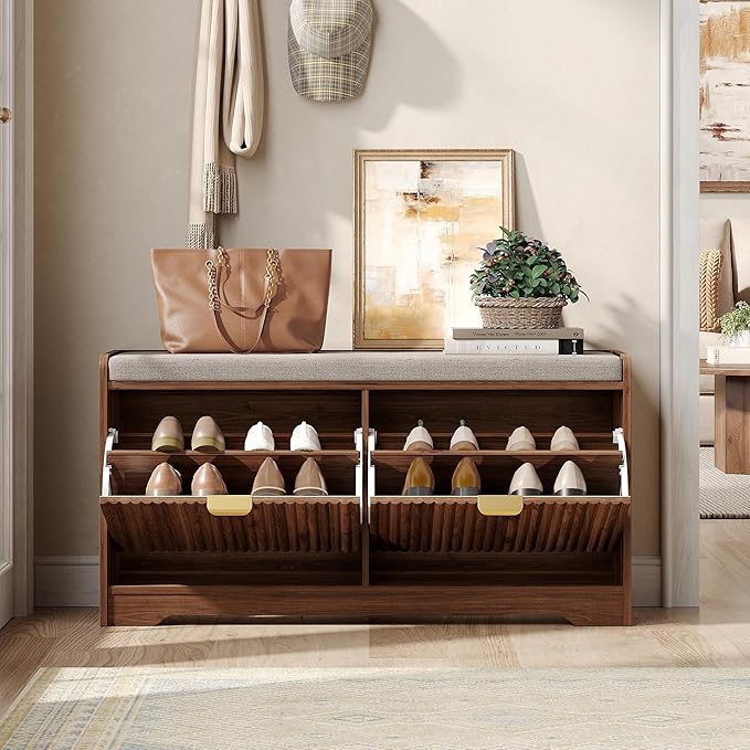 Maupvit Fluted Shoe Bench with 2 Flip-Drawers, 39.4" Narrow Entryway Bench with Shoe Storage and Seat Cushion, Adjustable Shelf, Walnut Hidden Shoe Rack Bench for Front Door Entrance, Hallway