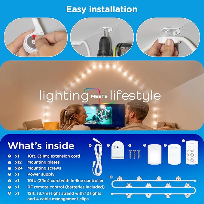 Enbrighten Vibe Smart LED Indoor Downlights Color Changing Accent Lights, Compatible with Alexa & Google Home, Music Sync, 12ft with 12 Lights, White (85832)