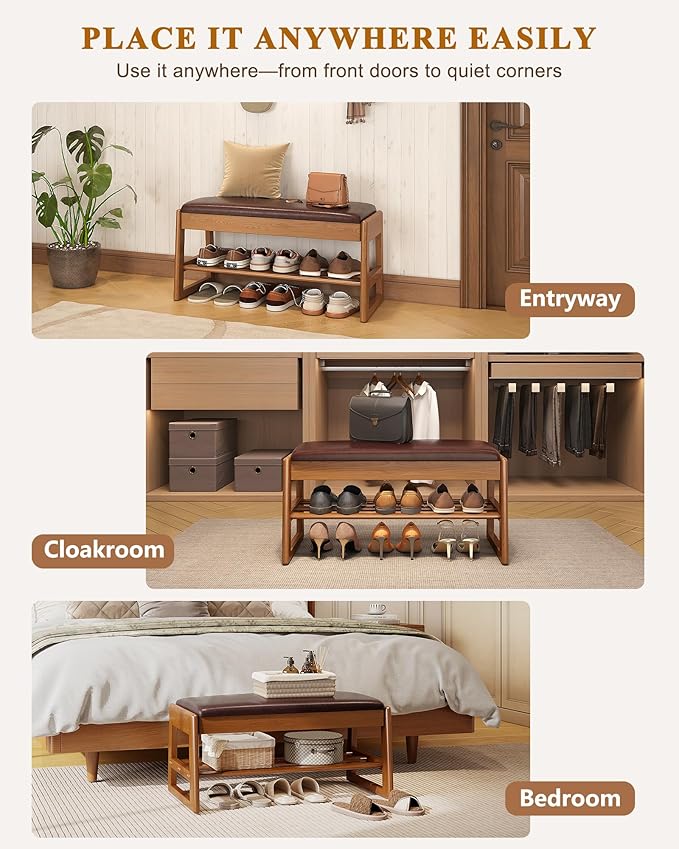 Shoe Rack Bench with Hidden Storage, 2-Tier Solid Rubberwood Entryway Bench with Soft Leather Cushioned Seat & Flip-Top Storage, 330lbs Capacity, Wooden Shoe Organizer for Hallway, Closet, Foyer
