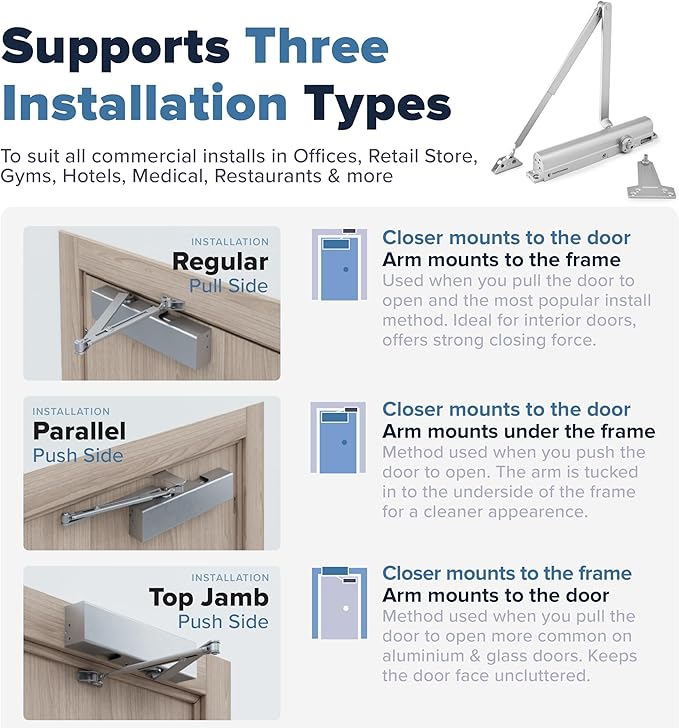 FORTSTRONG Commercial Door Closer - FS-8400 - Heavy Duty Adjustable Grade 1 Standard Automatic Door Closing Hinge - ADA Compliant - Hold Open Function