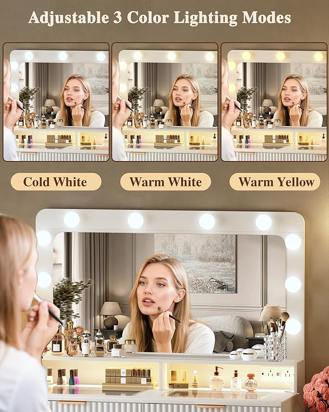 Fluted Vanity Desk with Mirror and Lights, Makeup Vanity Desk with Glass Top, Nightstand & Fluted Panel Design, 5 Drawers, 3 Colors Lighting Adjustable Brightness, Power Outlet, White
