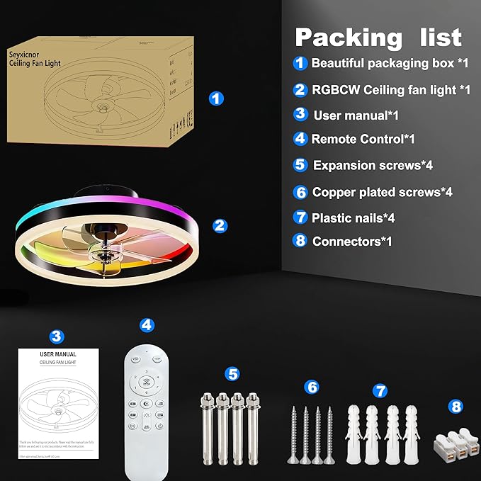 RGBW Ceiling Fan with Light, 20" Flush Mount Low Profile Smart Fan Light with App & Remote Control, 6 Speeds Reversible, 3CCT Dimmable LED Bladeless Fandelier Quiet DC Motor for Bedroom Living Room