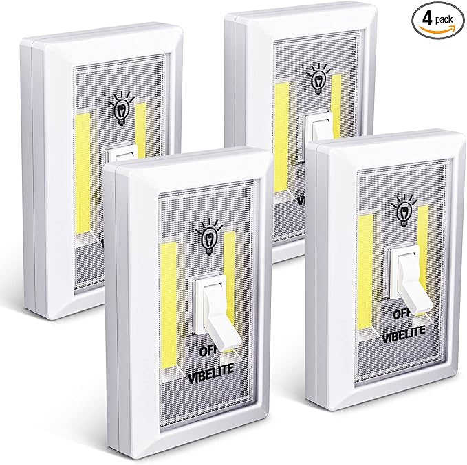 VIBELITE Closet Light, Battery Operated Switch Light, Tap Light, Touch, Push Night Lights, Wall Wireless Mount Under Cabinet, Shelf, Shed, Kitchen, Garage, Attic, RV, Lighting Installations (4-Pack)