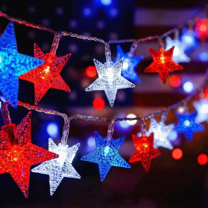 ITICdecor 4th of July Decor Red White Blue Stars String Lights, 15 FT 30 LED Fairy Lights Battery Operated Indoor&Outdoor Star Lights for Independence Day President Day Memorial Day