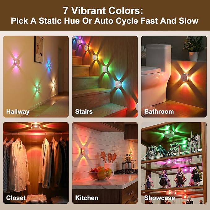 Motion Sensor LED Night Lights 4 Pack, Rechargeable Wireless Stair Lights, Magnetic Installation, RGB & 3 Color Temp, Wall Sconce for Hallway Closet Bedroom Indoor