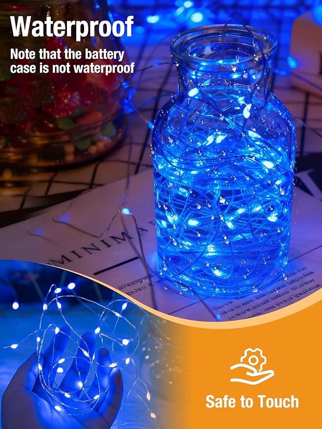 btfarm 4 Pack Fairy Lights Battery Operated with Timer, 16.4 FT 50 LED Silver Wire Twinkle String Lights 8 Modes Dimmable Waterproof for Indoor Christmas Bedroom Wedding Decorations, Blue
