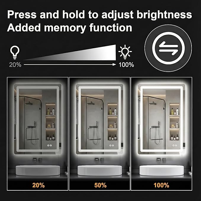LED Bathroom Vanity Mirror with Light, 30"x20" Led Bathroom Vanity Mirror with Light for Wall, Anti-Fog, Dimmable 3 Colors, Memory Function, Backlit and Front Lit, Plug-in/Hardwired