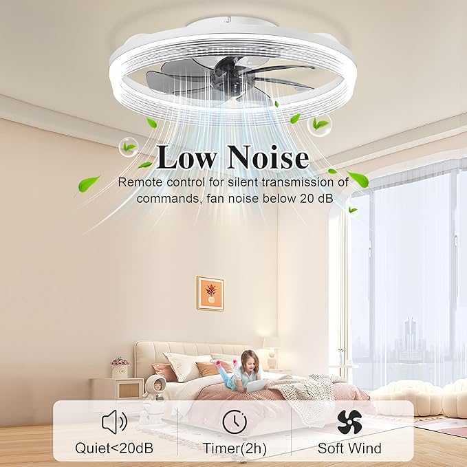 Ceiling Fans with Lights and Remote Fandelier - 20'' White Flush Mount Low Profile Modern Ceiling Fans for Bedroom - Stepless Color Temperature and 6 Speeds
