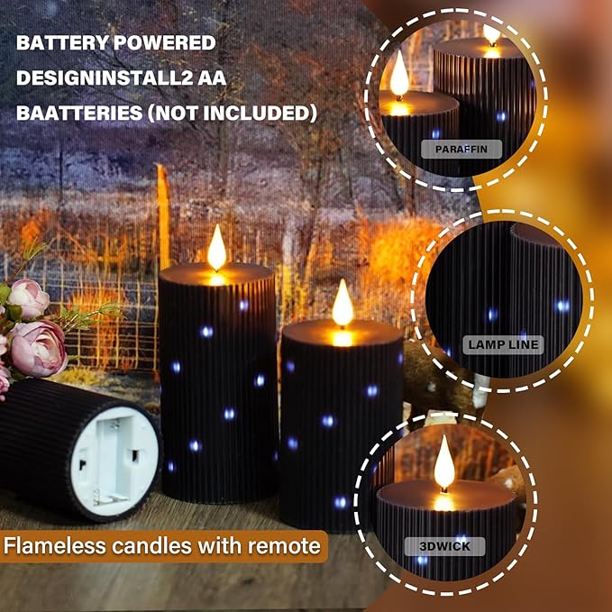Flameless Candles Real Wax Realistic Candles, Battery Operated LED Pillar Candle with Remote Timer, Ideal for Halloween Home Decor（D 3"*H 4" 5" 6" ）