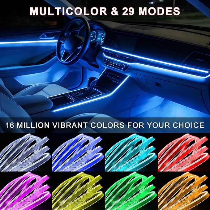 Ambient Lighting car Accessories Interior car Lights APP Control，236" Fiber Optic，5 in 1 led Strip Lights，16 Million Colors Car Neon Lights, Sync to Music（Cigarette）