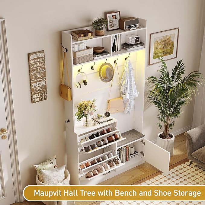 Maupvit Entryway Hall Tree with Bench and Shoe Storage, 5-in-1 Narrow Hall Tree with LED Light, Cushioned Stool & 9 Hooks, 2 Flip Drawers, 78" Coat Shoe Rack for Mudroom, Hallway, Living Room, White