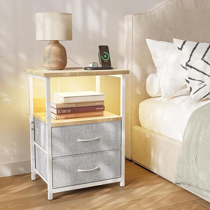 Fixwal Night Stand with Charging Station, LED Nightstand with U-S-B Ports and Outlets, 2 Fabric Storage Drawers with PU Finish, Small Bedside Table, Natural Oak & Light Grey