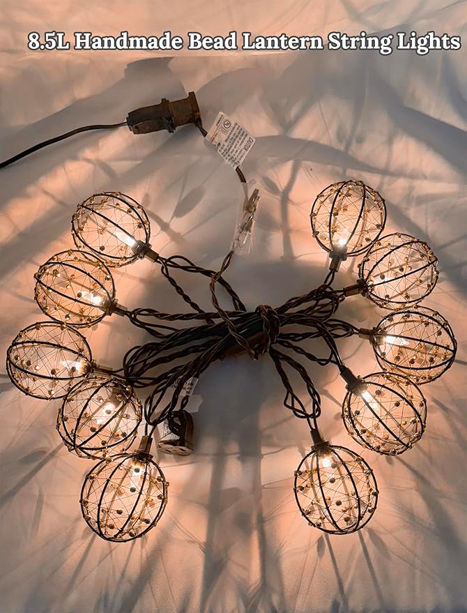 8.5Ft Outdoor Decorative Patio Lights, 10L Beaded Copper Wire Ball Style Lantern Lights, Connectable Weather-Resistant Indoor Outdoor Boho String Lights for Home Pergola Campings Porch Party Backyard