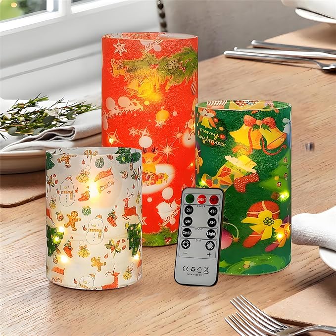 Floral Flameless Candles with String Lights - 3pcs Battery Operated Candle Flickering Christmas LED Pillar Candles with Timer Remote for Home Decor Romantic Ambiance,CH